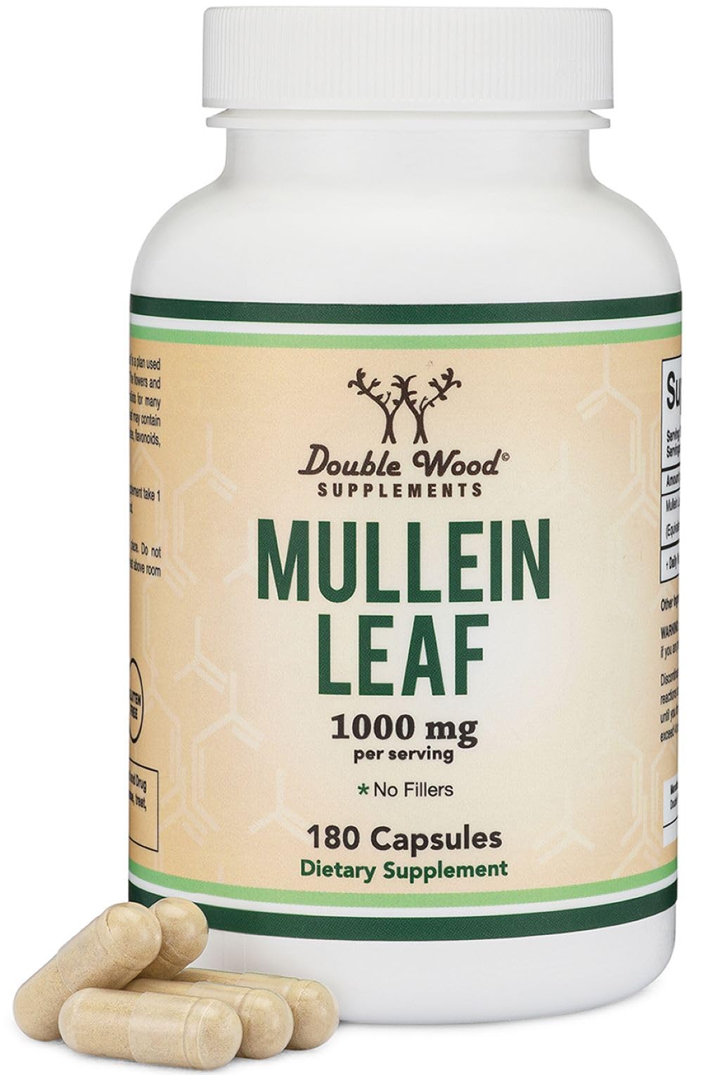 Double Wood Mullein Leaf bottle front showcases a vegan lung support supplement for respiratory comfort.