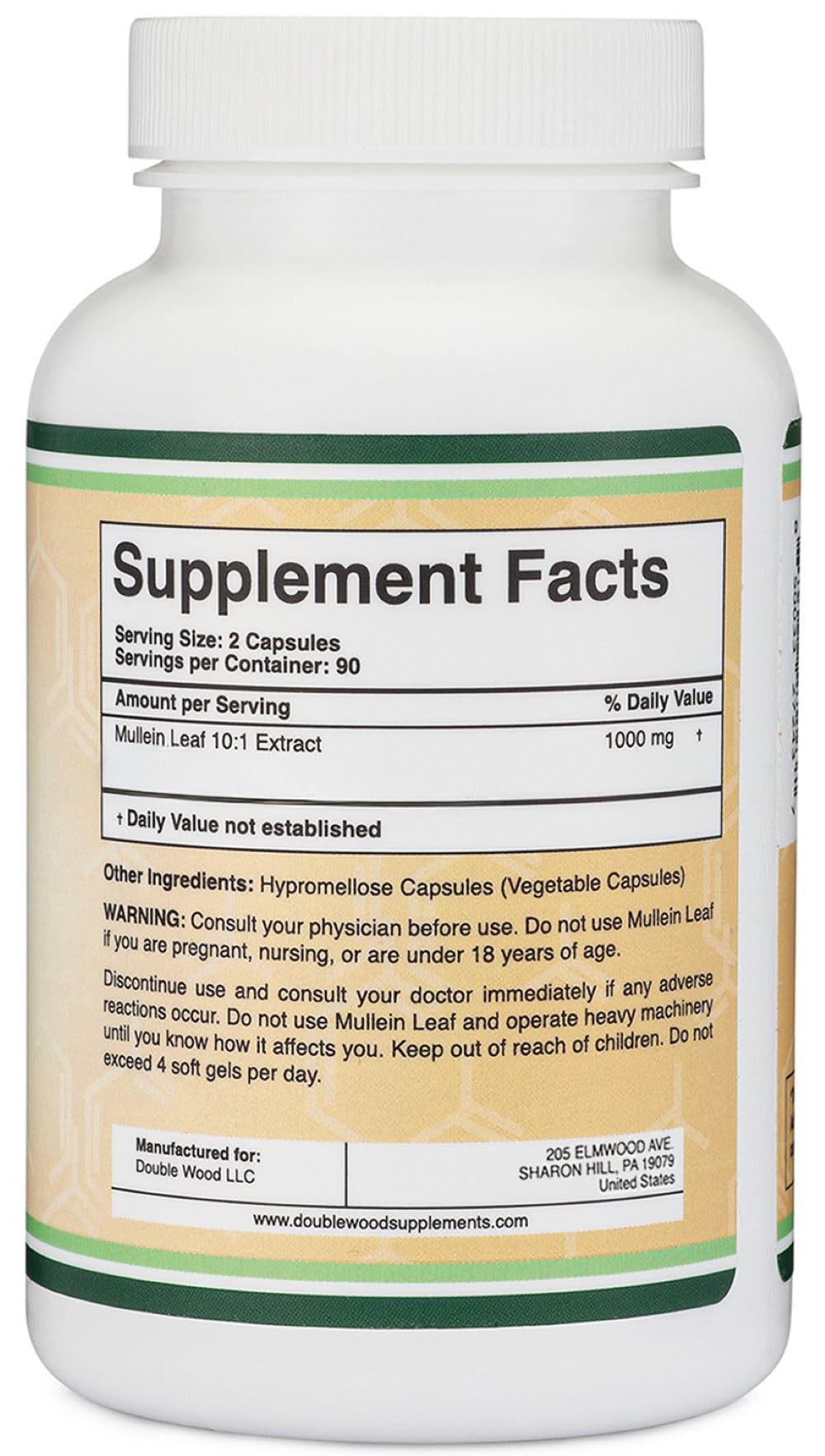 Double Wood Mullein Leaf label emphasizes USA-sourced ingredients and clean manufacturing.