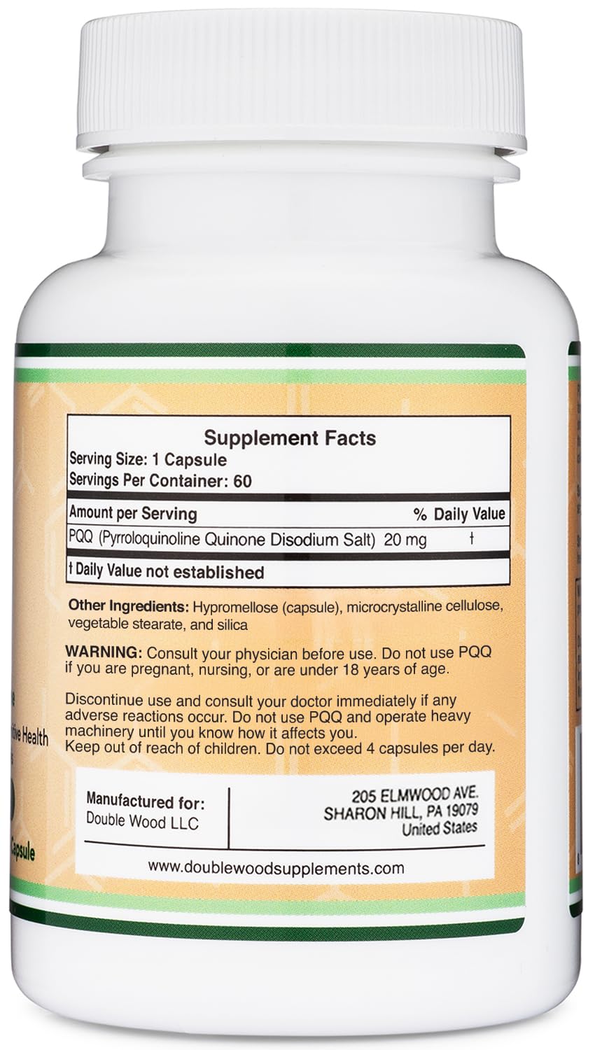 Double Wood PQQ label detail emphasizes non-GMO gluten-free USA-made quality.