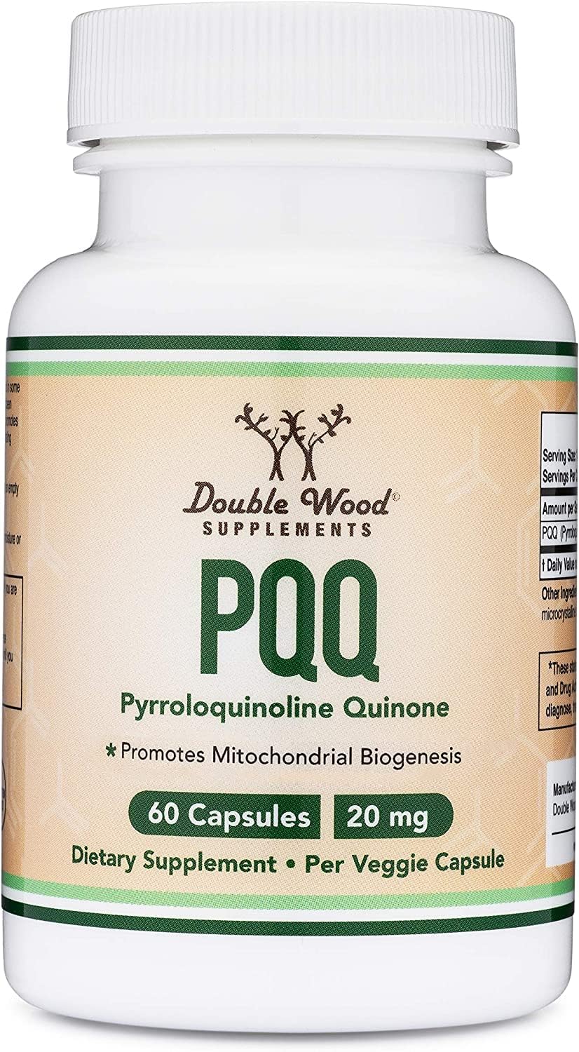 Double Wood PQQ packaging scene highlights purity and third-party tested assurance.