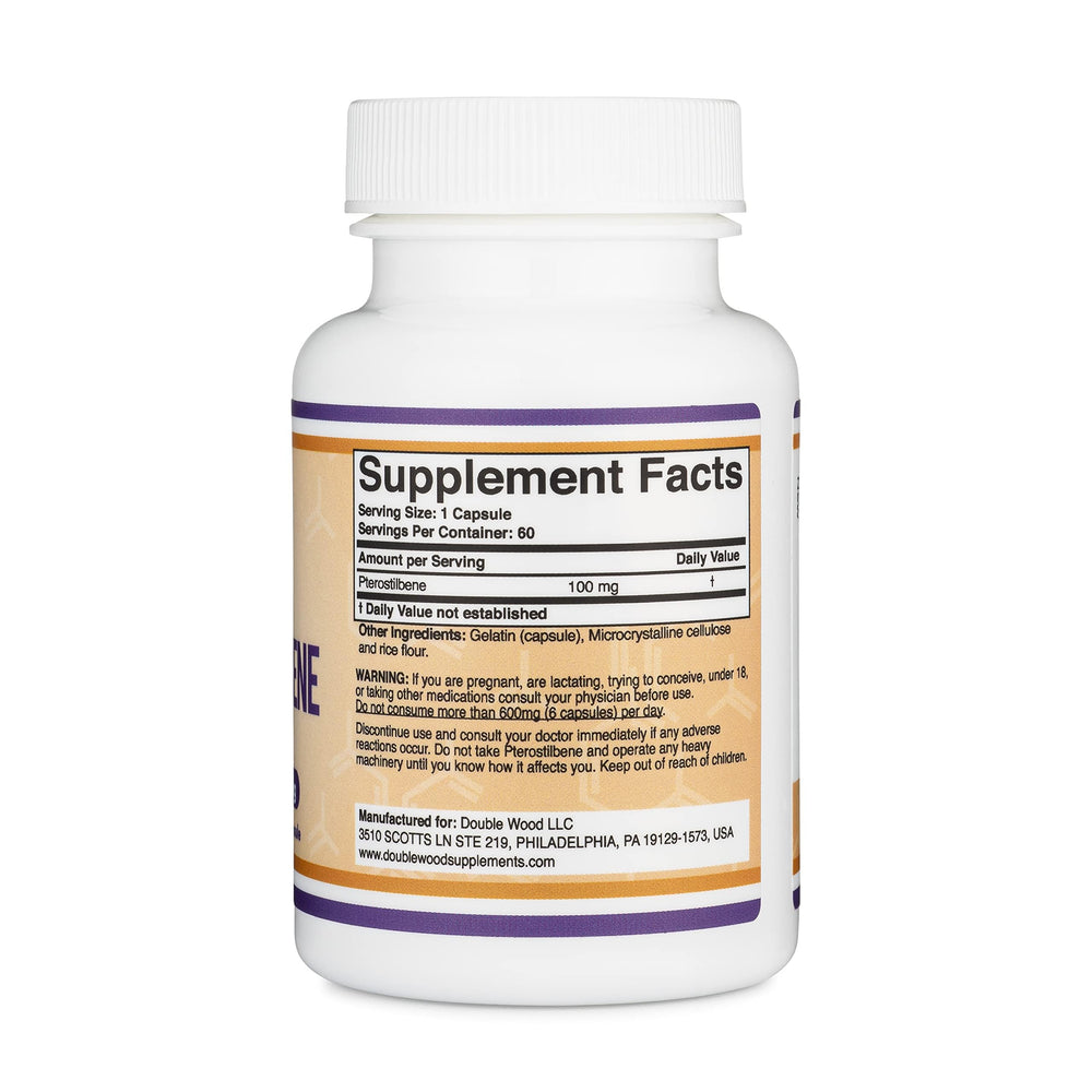 Double Wood Pterostilbene label side highlighting non-GMO and gluten-free formula