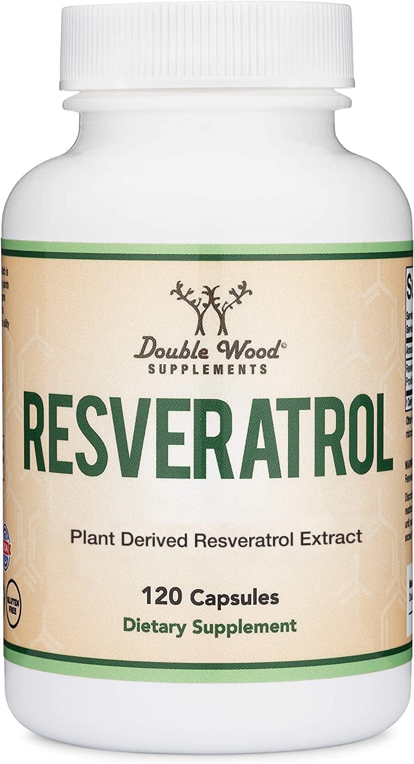 Double Wood Resveratrol bottle front view with 120 vegetarian capsules for healthy aging support.