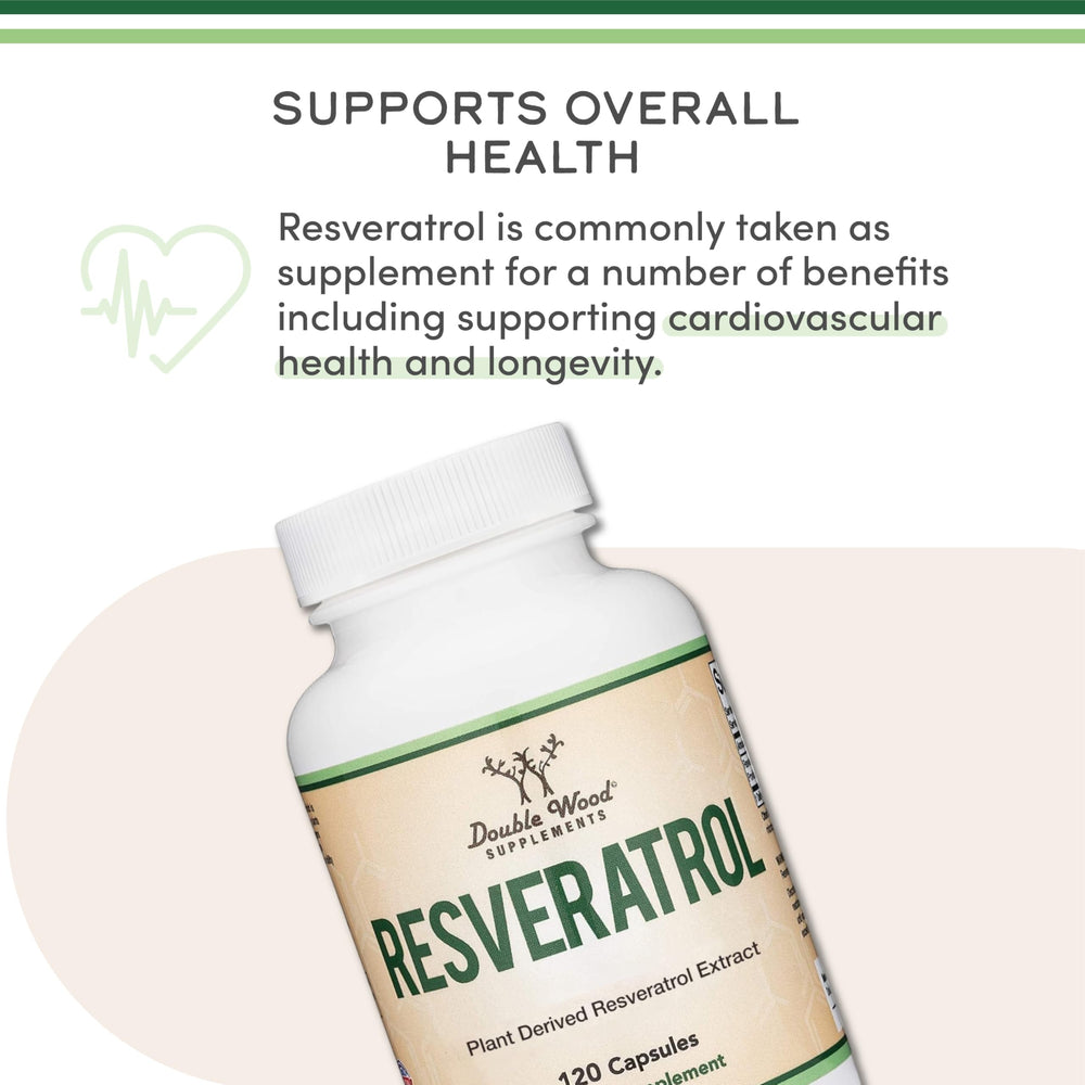 Label detail of Double Wood Resveratrol showing 50% Trans-Resveratrol content.