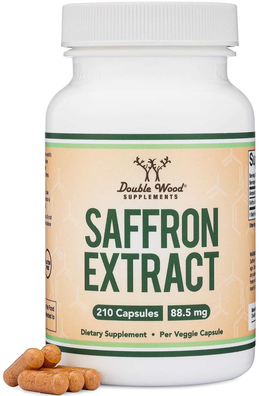 Double Wood Saffron bottle with capsules highlighting focus and eye health