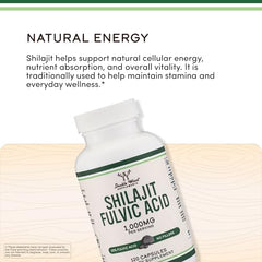 Double Wood Shilajit packaging label emphasizing pure extract and rigorous testing.