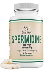 Double Wood Spermidine bottle with capsules suggesting daily support for aging-related changes