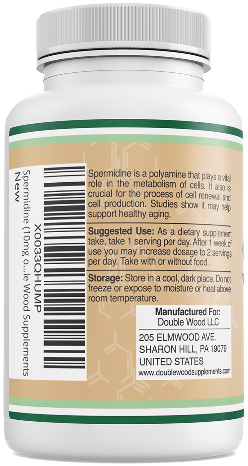 Nutrition facts panel shows 10 mg spermidine per capsule for transparency