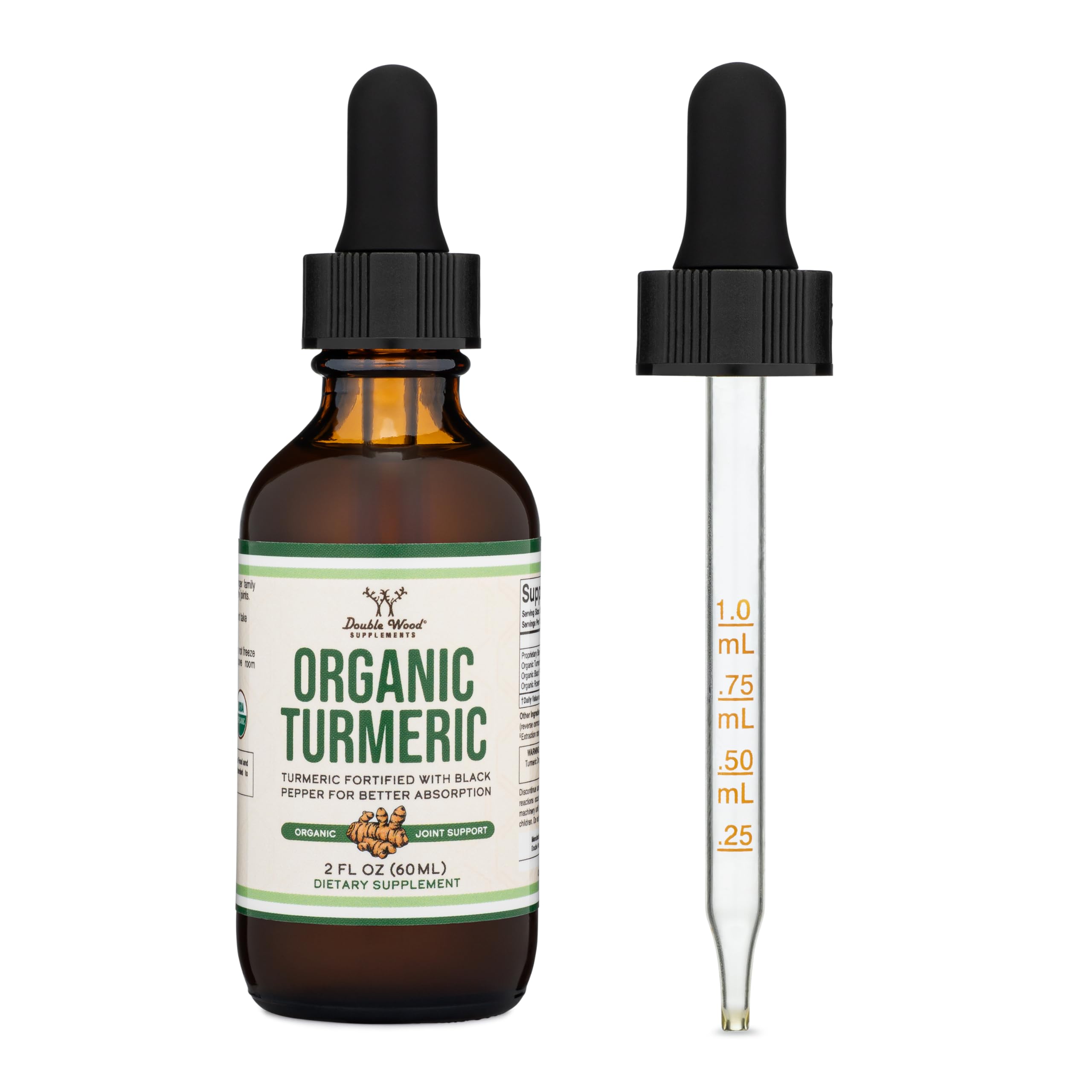 Double Wood Turmeric Drops bottle closeup emphasizes clear liquid and purity.