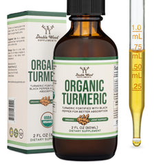 Double Wood Turmeric Drops bottle front showing organic formula for daily wellness.