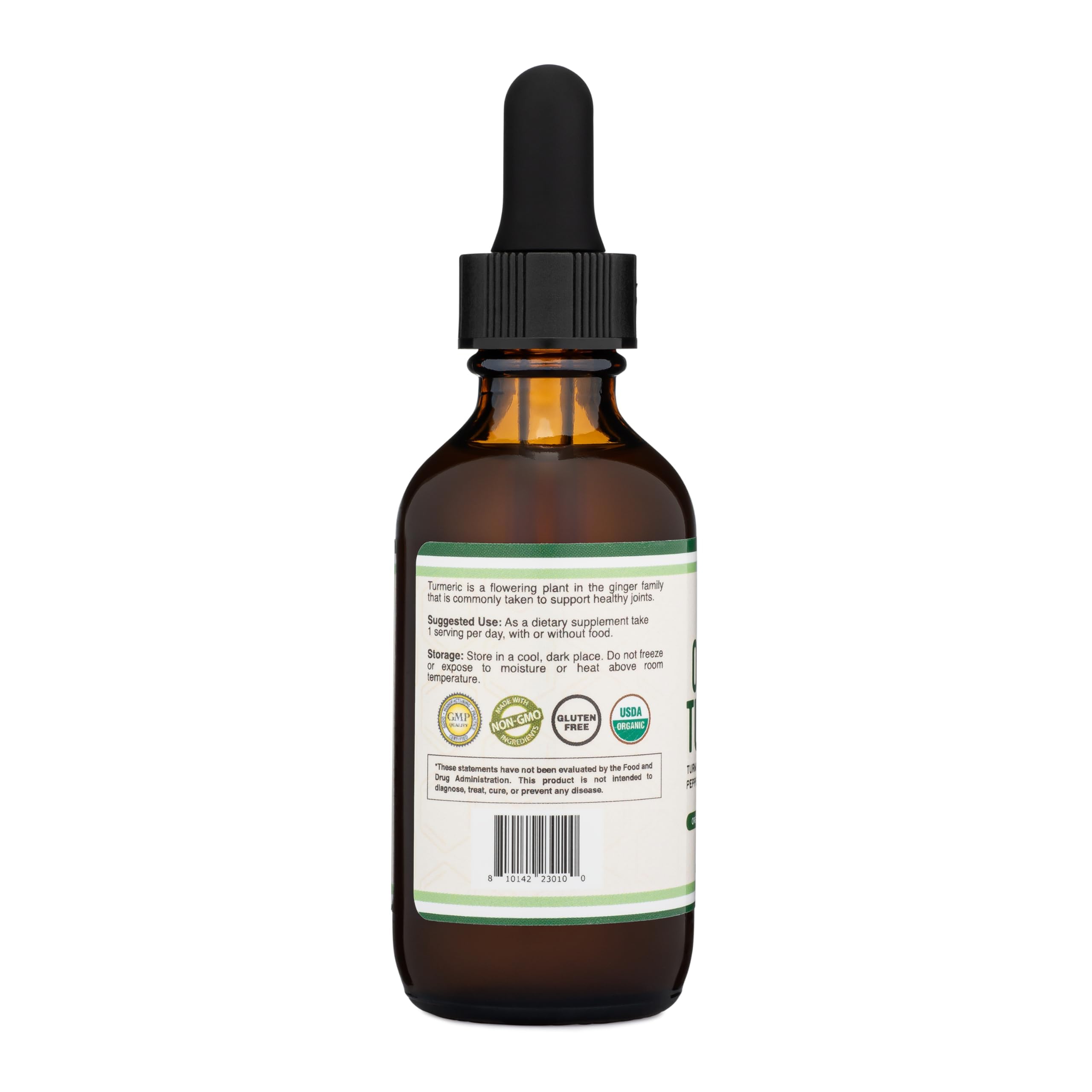 Double Wood Turmeric Drops bottle side label notes USA manufacturing and vegan-friendly formula.