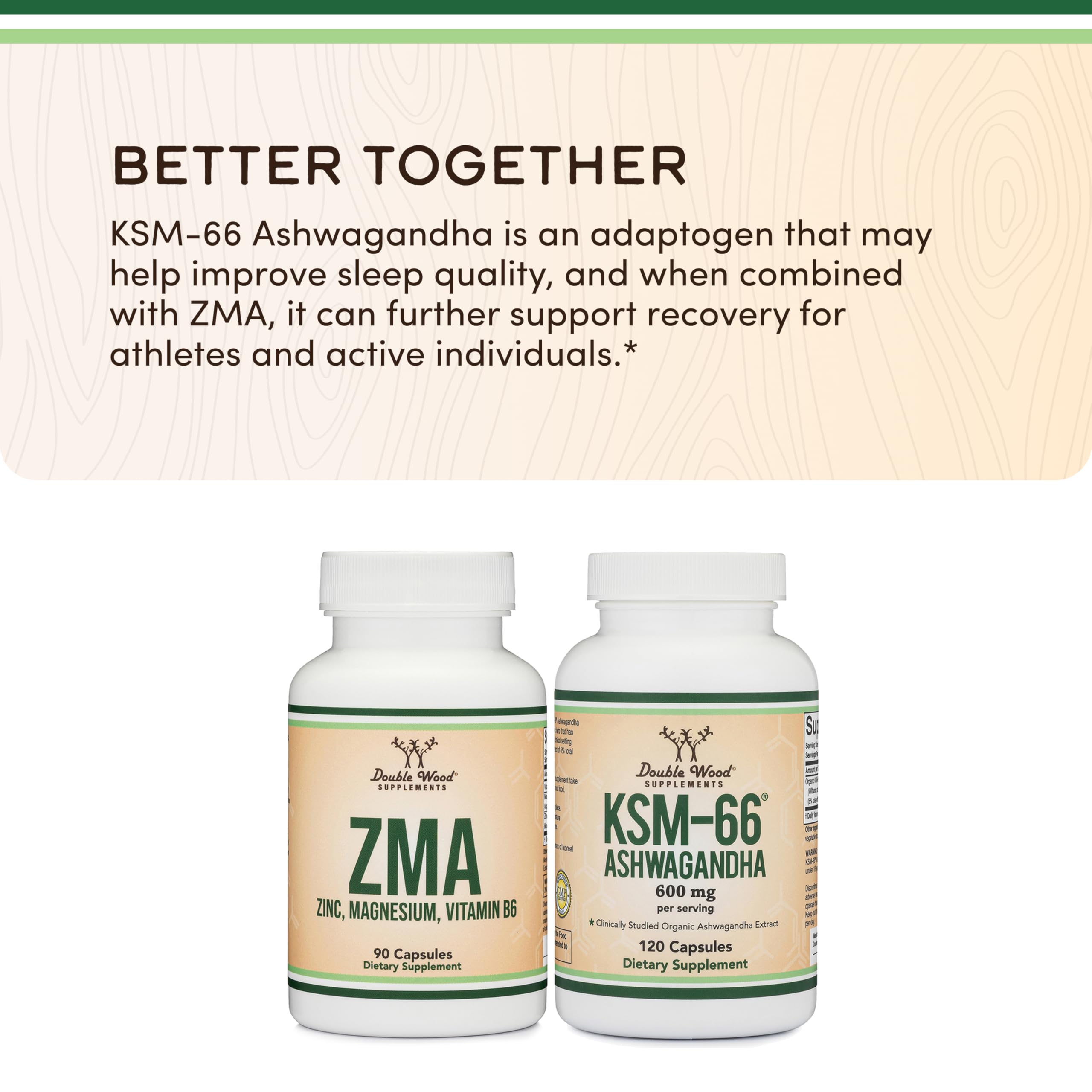 Double Wood ZMA bottle on kitchen counter beside glass.