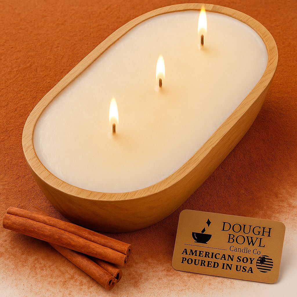 Dough Bowl Candle Co. warm cinnamon buns 3-wick pour fills a cozy room with inviting aroma.
