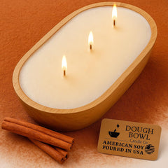 Dough Bowl Candle Co. warm cinnamon buns 3-wick pour fills a cozy room with inviting aroma.