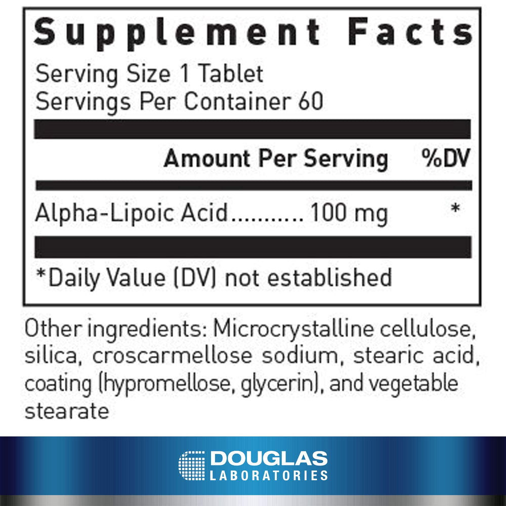 Label close-up shows trusted Douglas Laboratories Alpha-Lipoic Acid ingredients.