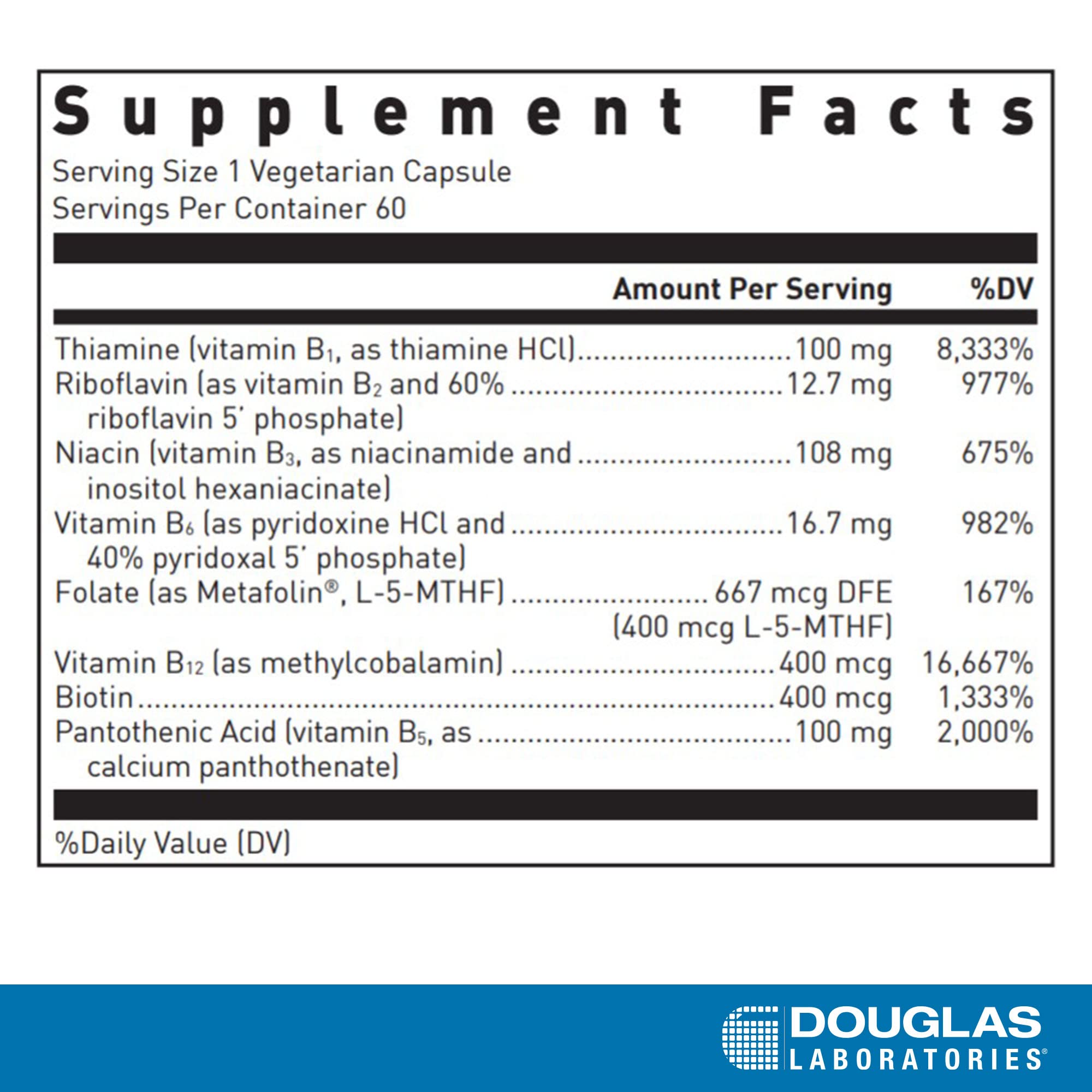 Douglas Laboratories B-Complex label view emphasizing Metafolin folate for cardio and nerve health.