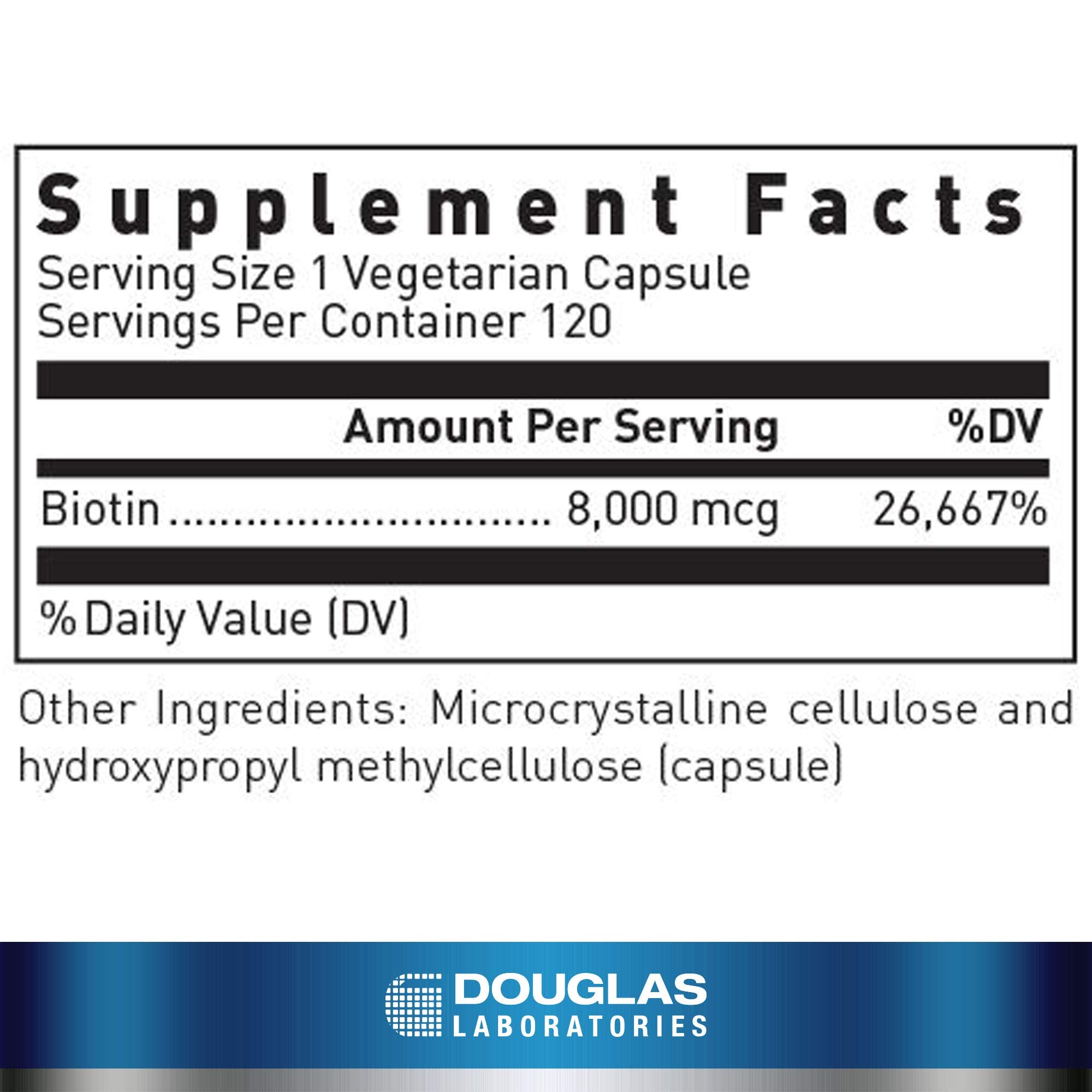 Douglas Laboratories Biotin 8 mg capsules close-up showing small, evenly colored capsules