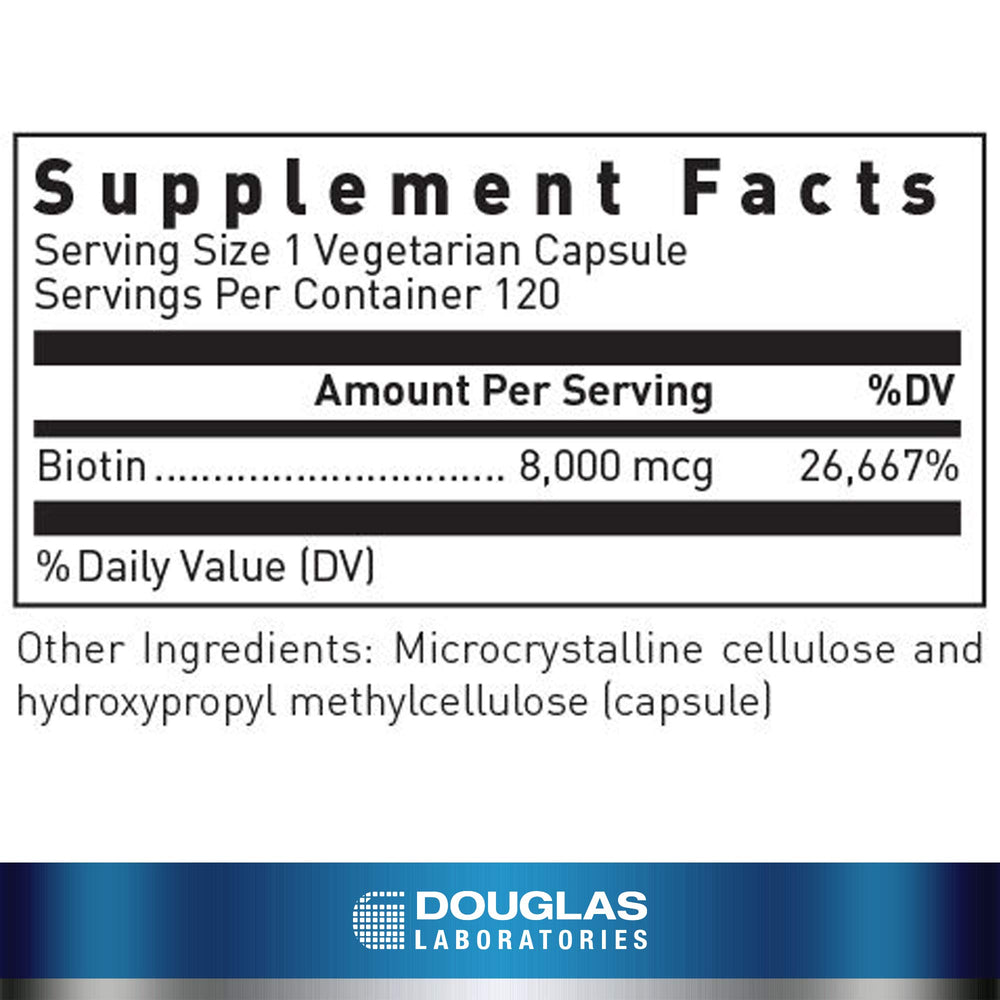 Douglas Laboratories Biotin 8 mg capsules close-up showing small, evenly colored capsules