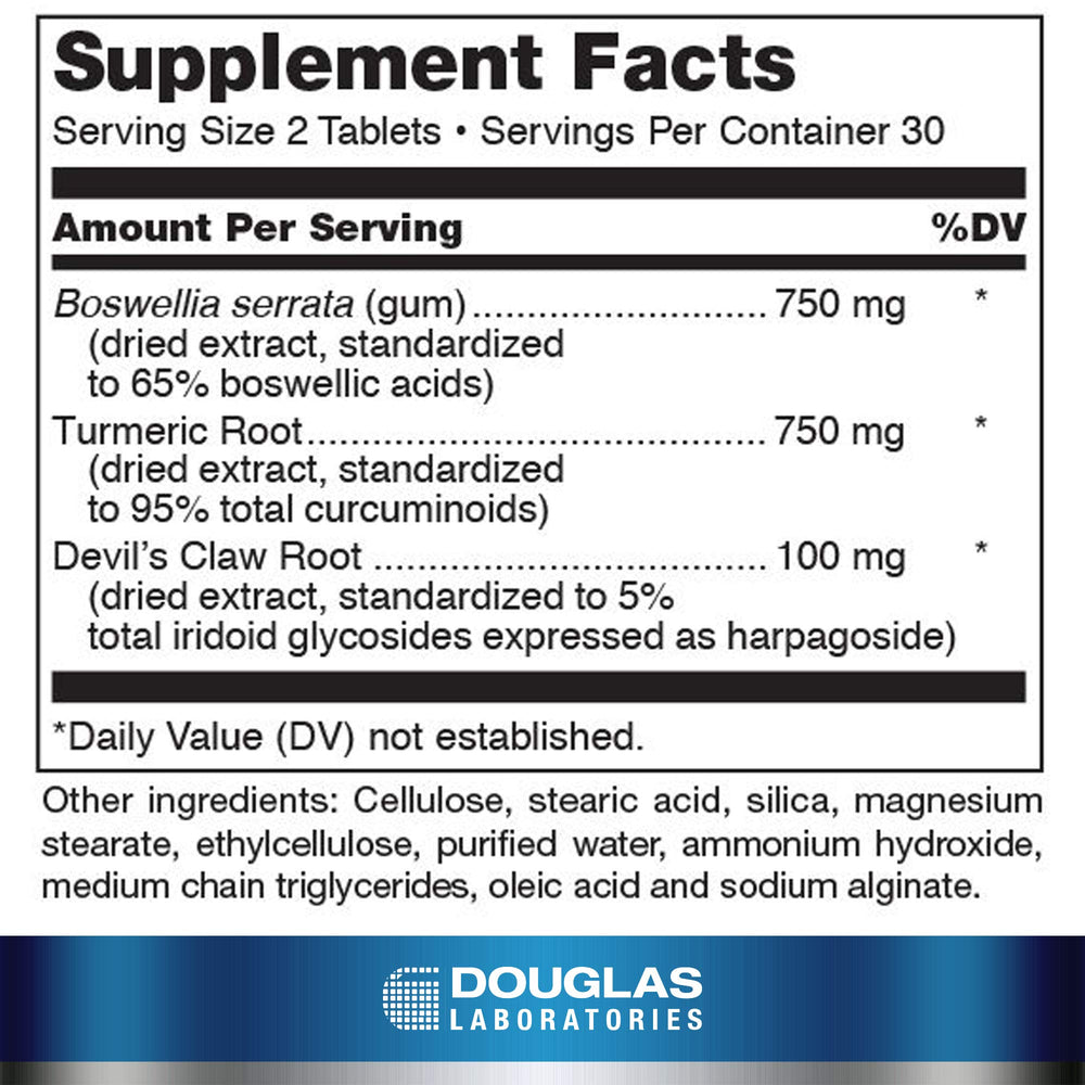 Douglas Laboratories Boswellia-Turmeric Complex label detail shows ingredients and quality