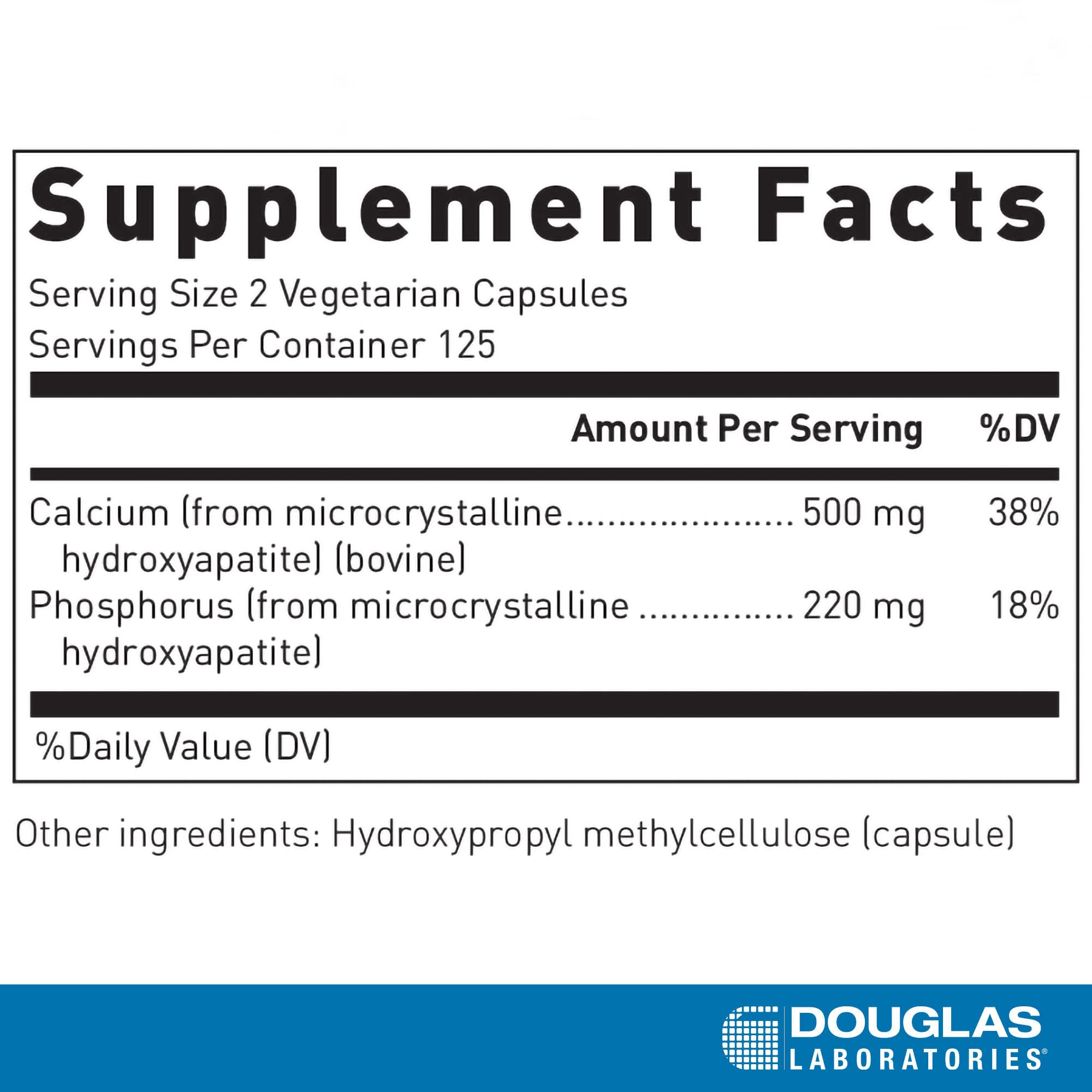 Douglas Laboratories Calcium Microcrystalline Hydroxyapatite ingredients panel highlights calcium and phosphorus nutrients.