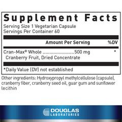 Douglas Laboratories Cran-Max bottle label close-up, 60 capsules for convenient daily cranberry intake.