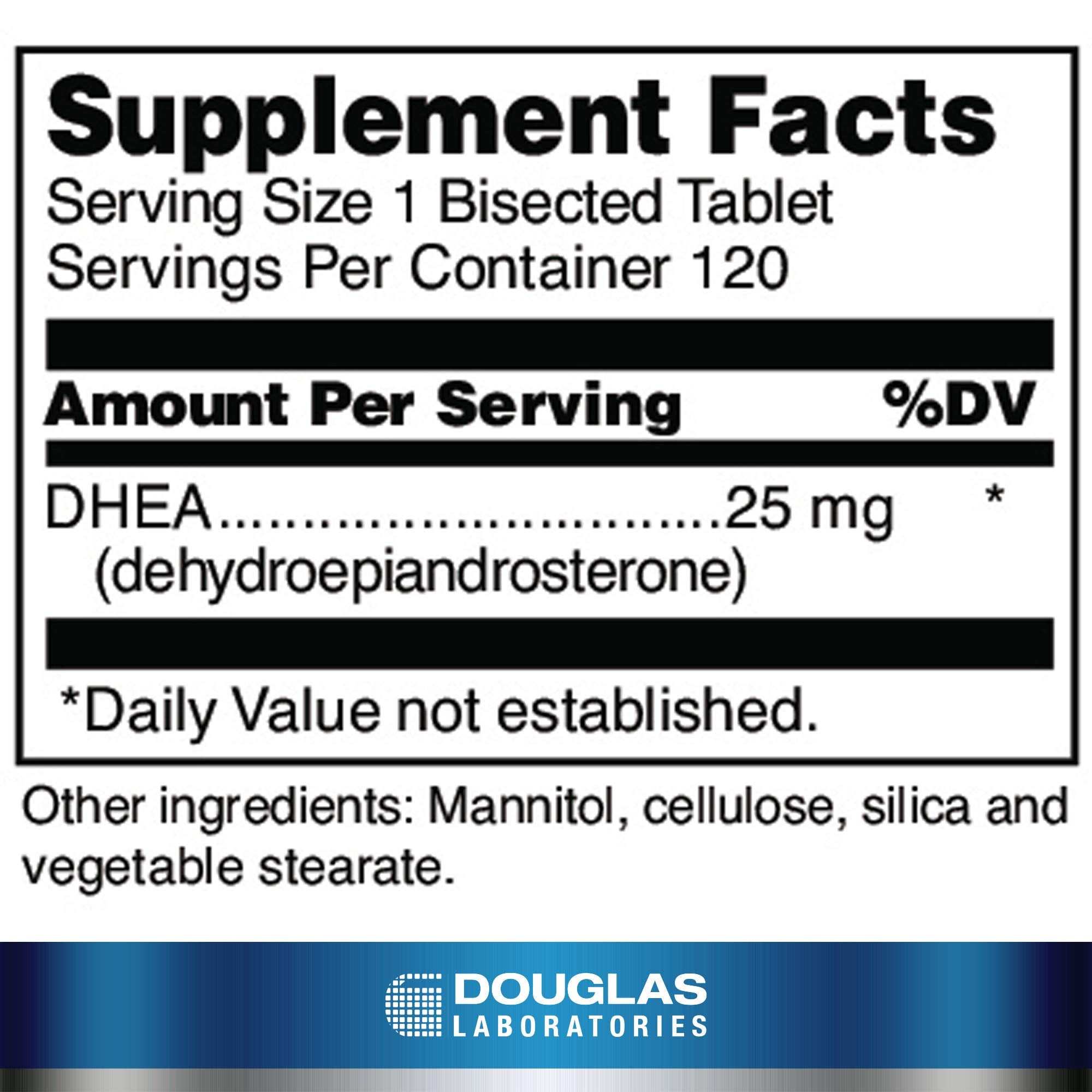 Douglas Laboratories DHEA 25 mg dissolvable tablets bottle back label lists ingredients and dosing