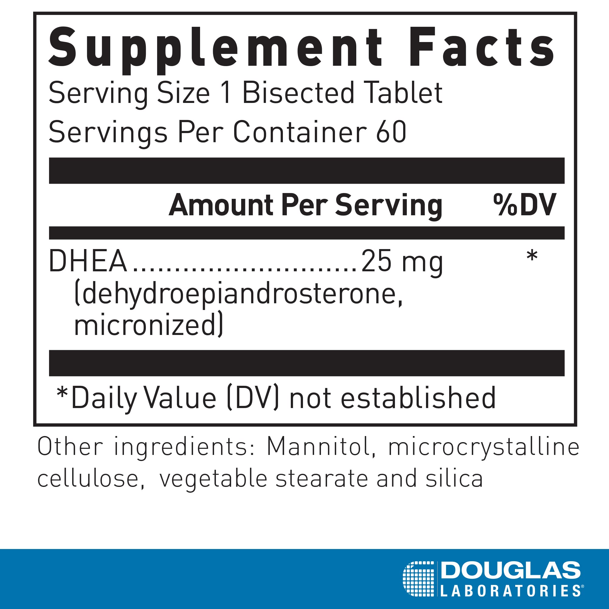 Douglas Laboratories DHEA 25 mg dissolvable tablets bottle back with dosage details