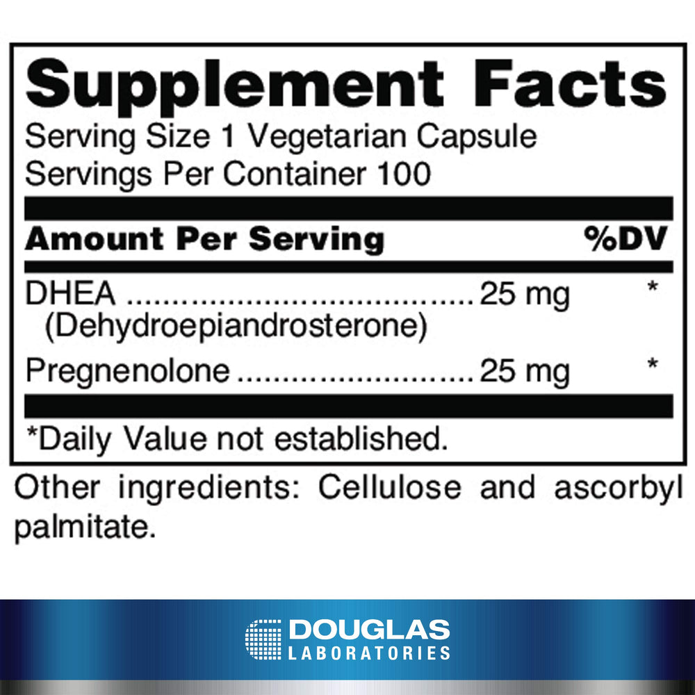 Douglas Laboratories DHEA Plus capsules closeup, easy-to-swallow daily use.