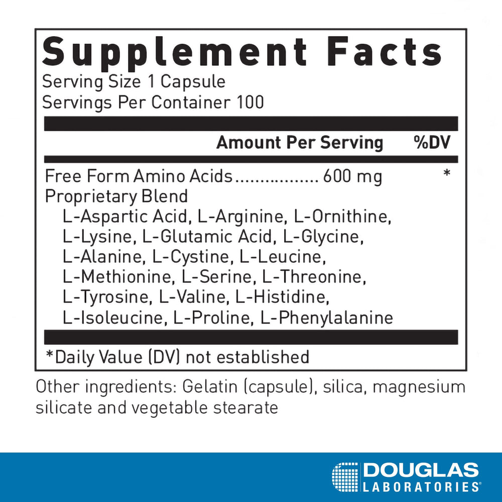 Douglas Laboratories Free Form Amino Capsules label showing ingredients and dosage for proper use.