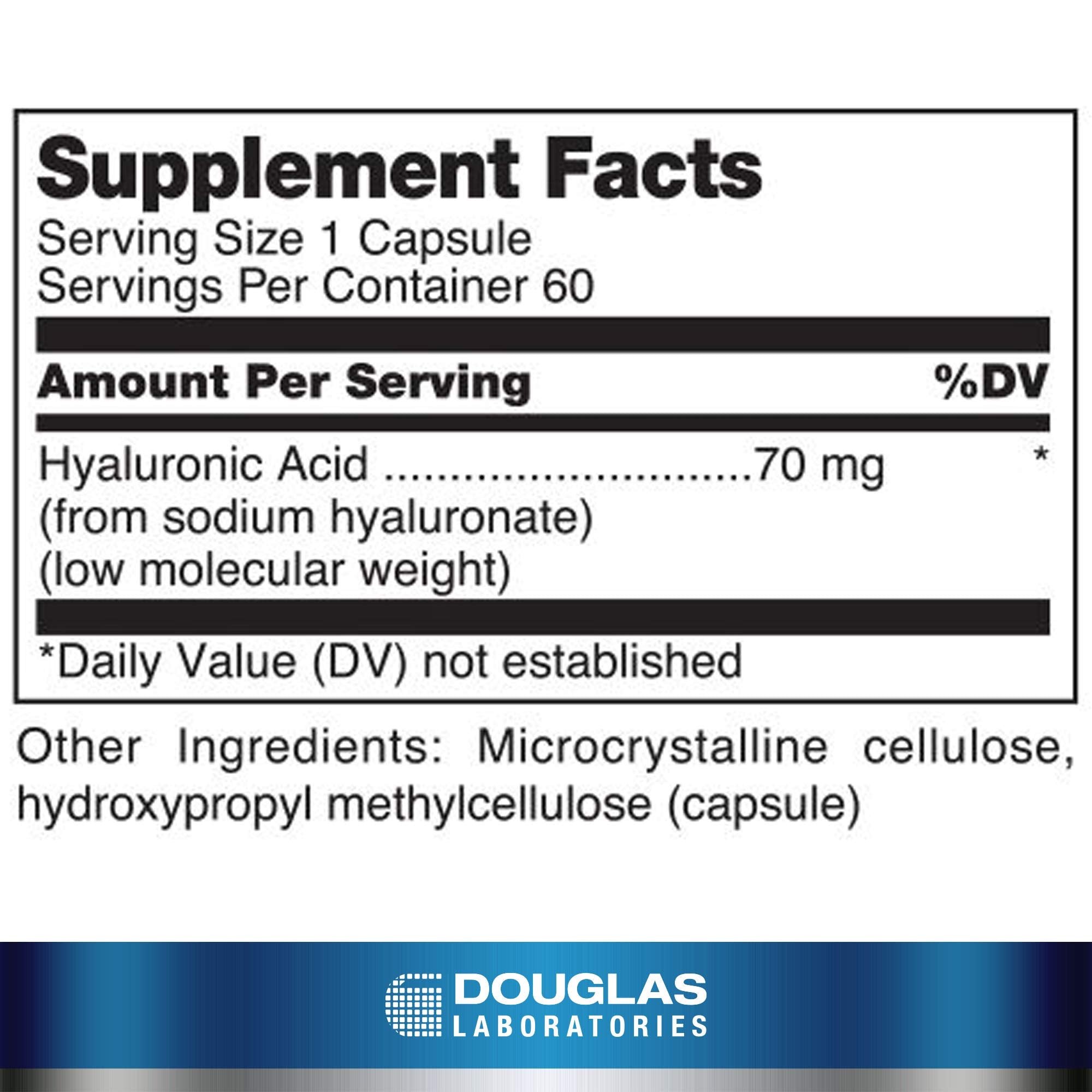 Close-up of Douglas Laboratories Hyaluronic Acid capsules for joint and skin health.