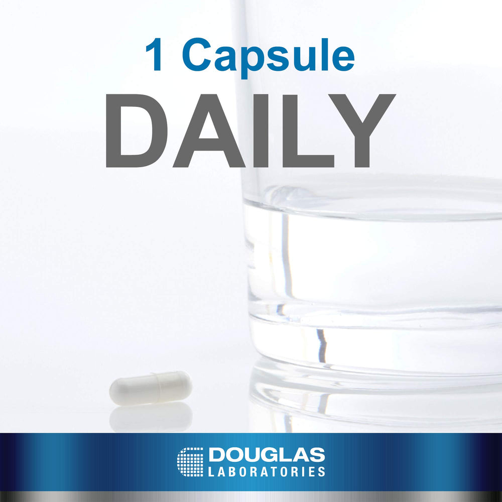 Douglas Laboratories Hyaluronic Acid capsules with a glass of water for easy daily intake.