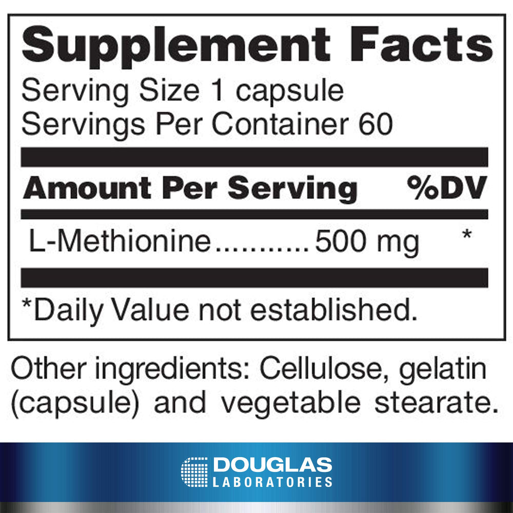 Douglas Laboratories L-Methionine capsules close-up; may support liver and neurological function.