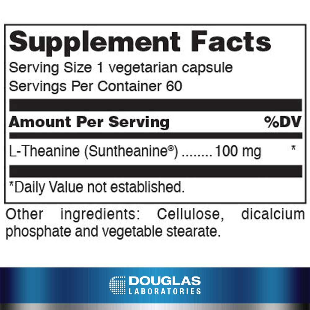 L-Theanine capsules closeup showing 100 mg per capsule