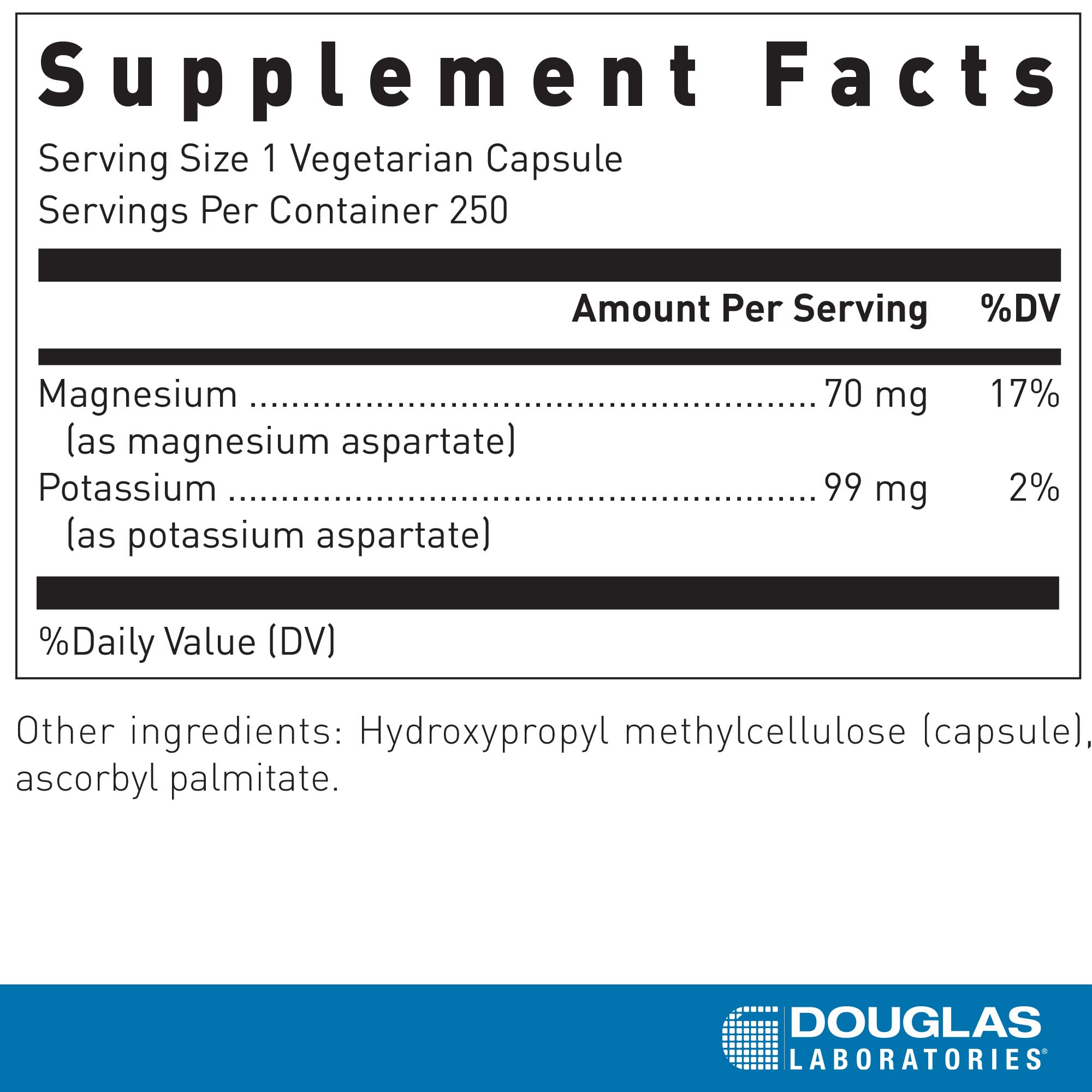 Douglas Laboratories magnesium/potassium aspartate capsule pour showing easy daily dosing.