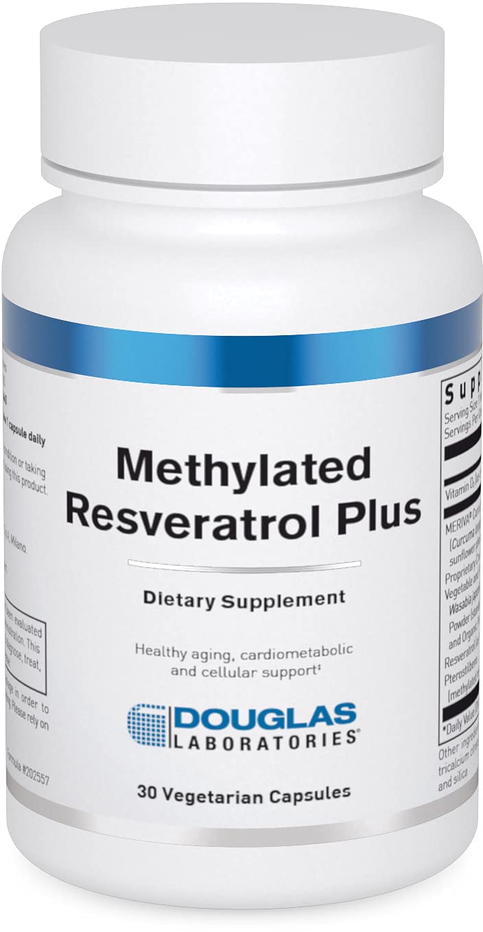 Douglas Laboratories Methylated Resveratrol Plus bottle suggests cardiovascular and cellular health potential