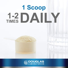 Douglas Laboratories Muscle Protect HMB powder scoop beside glass.