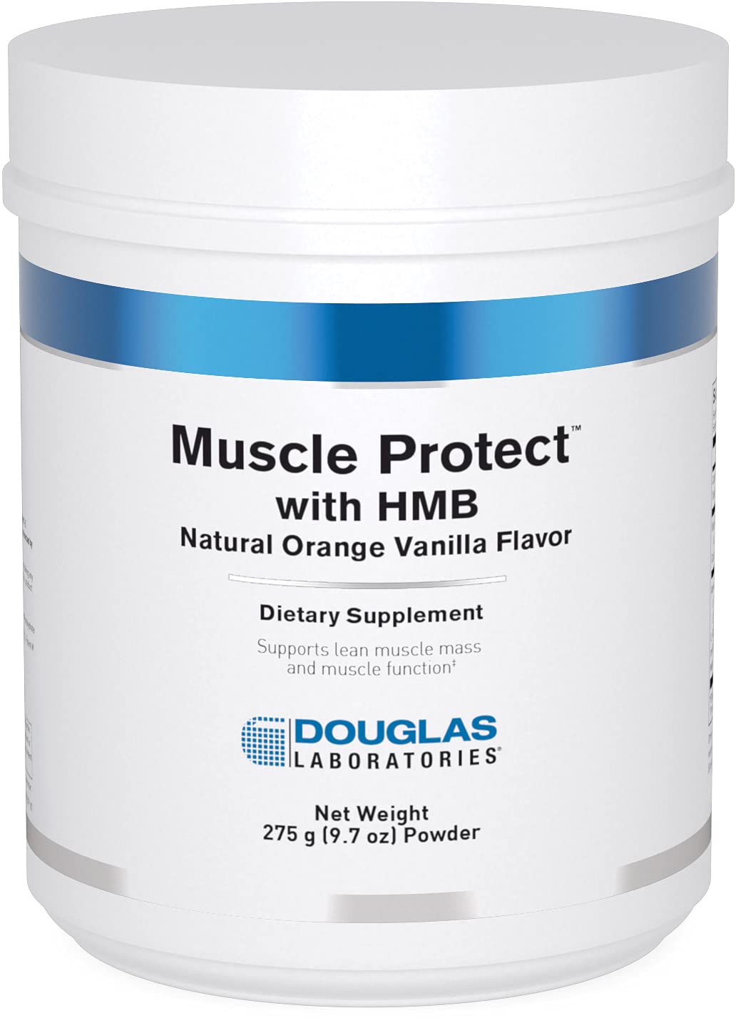 Douglas Laboratories Muscle Protect HMB powder tub on shelf supports lean muscle health.