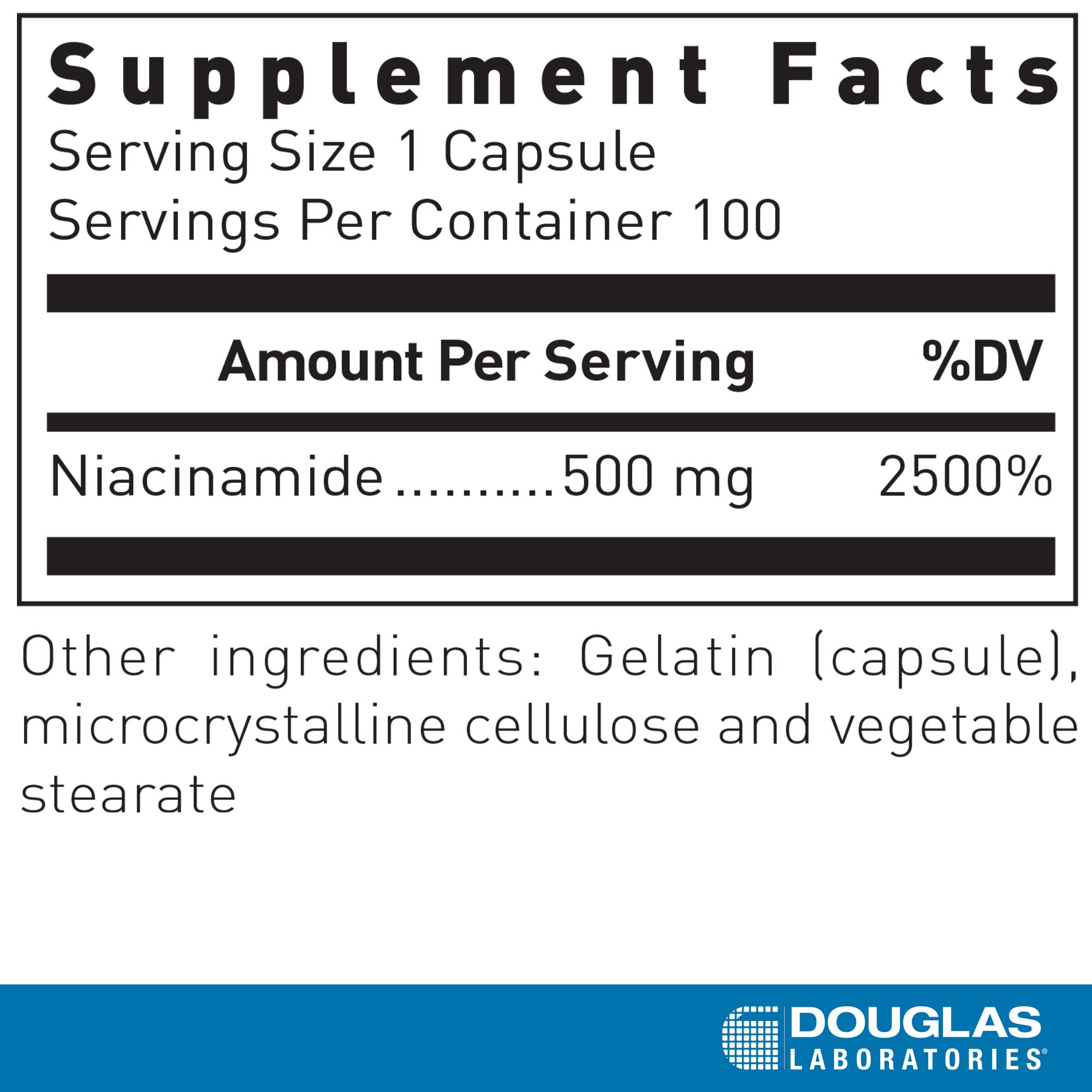 Close-up of Douglas Laboratories Niacinamide label with serving size and B3 content.