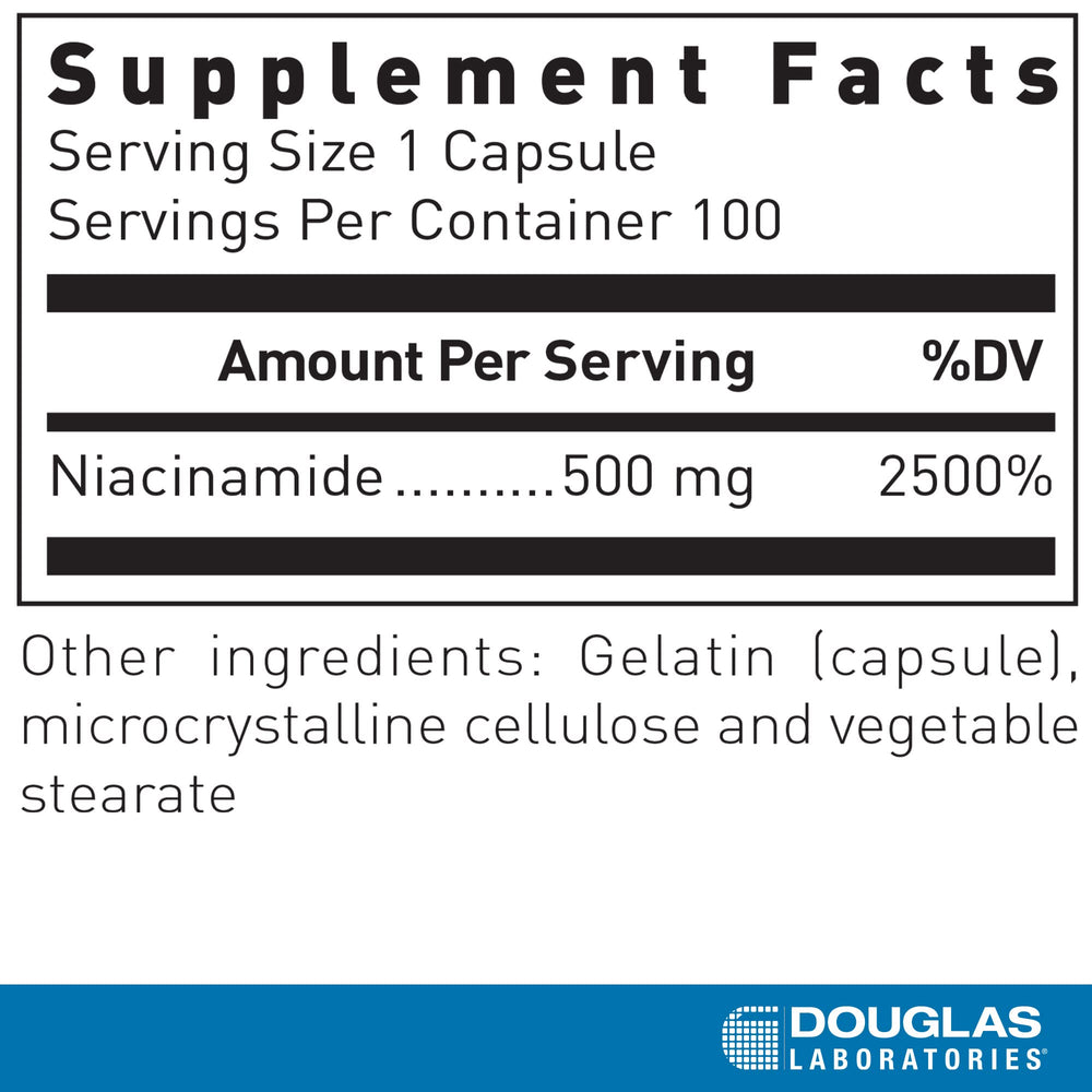 Close-up of Douglas Laboratories Niacinamide label with serving size and B3 content.