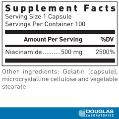 Close-up of Douglas Laboratories Niacinamide label with serving size and B3 content.
