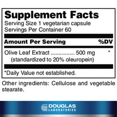 Douglas Laboratories Olive Leaf Extract label closeup highlighting product quality and transparency.