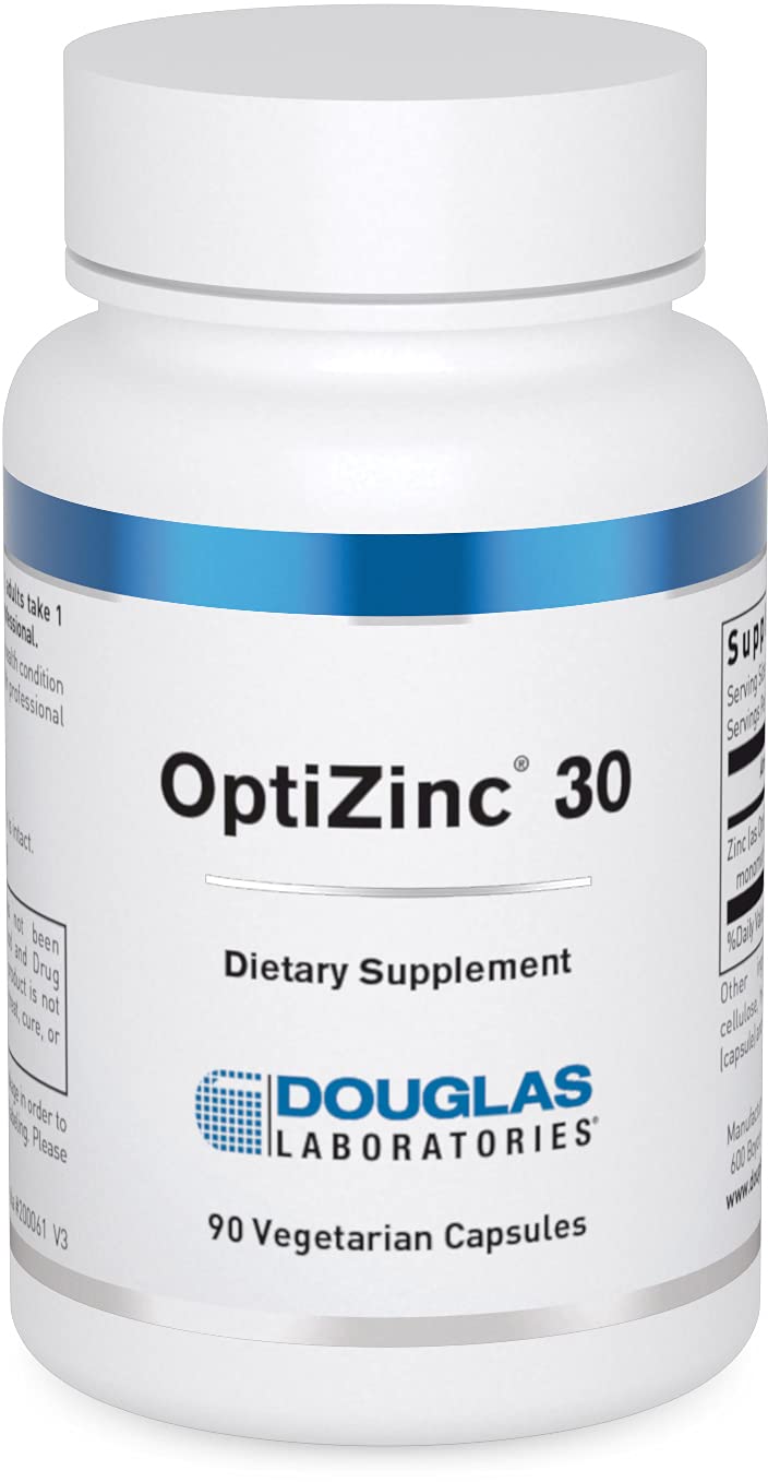 Douglas Laboratories Opti Zinc 30 mg bottle with capsules for immune and skin support.