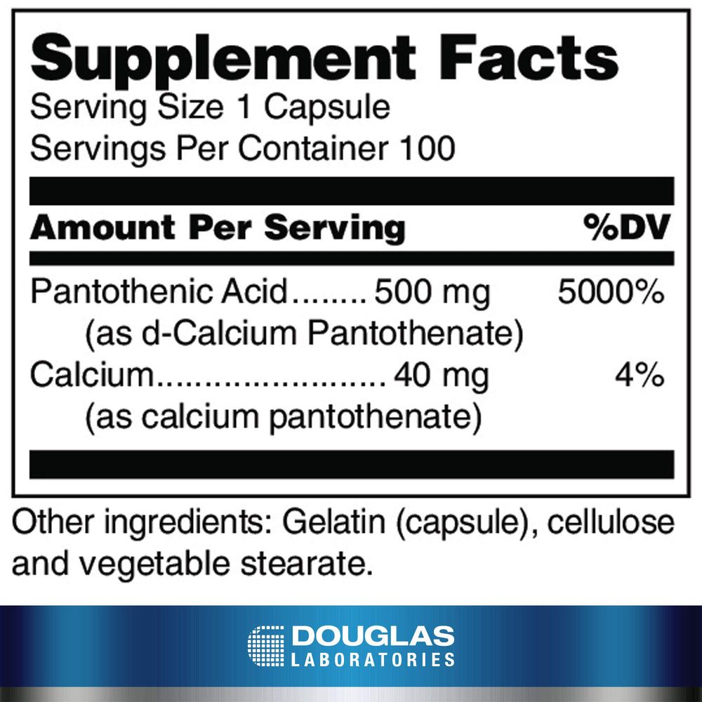 Douglas Laboratories Pantothenic Acid 500 mg bottle shown for convenient daily nutrition.