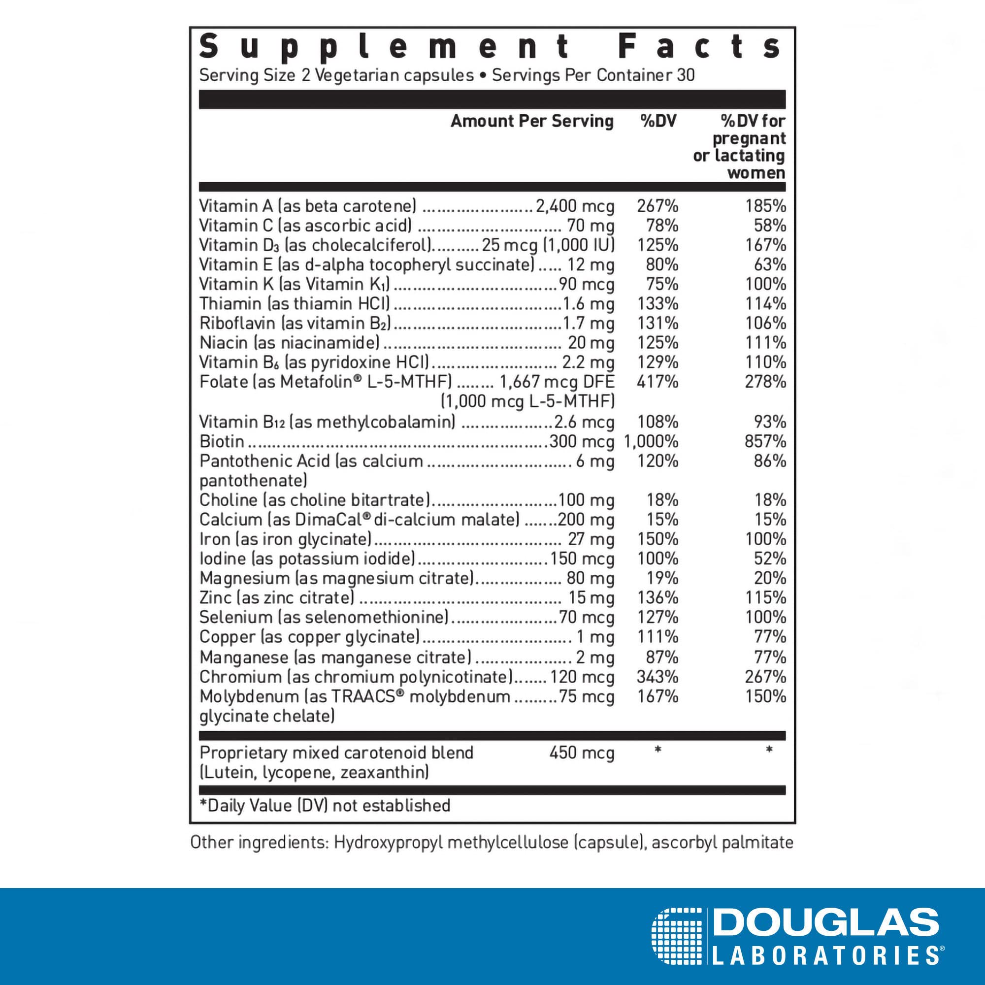 Douglas Laboratories Prenatal capsules close-up highlight bioavailable nutrients for expecting mothers.
