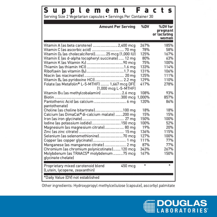 Douglas Laboratories Prenatal capsules close-up highlight bioavailable nutrients for expecting mothers.