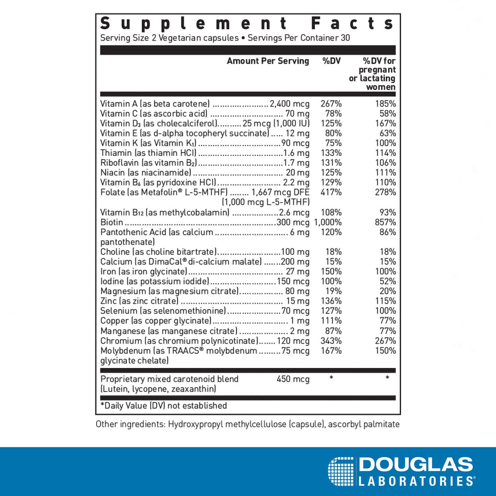Douglas Laboratories Prenatal capsules close-up highlight bioavailable nutrients for expecting mothers.