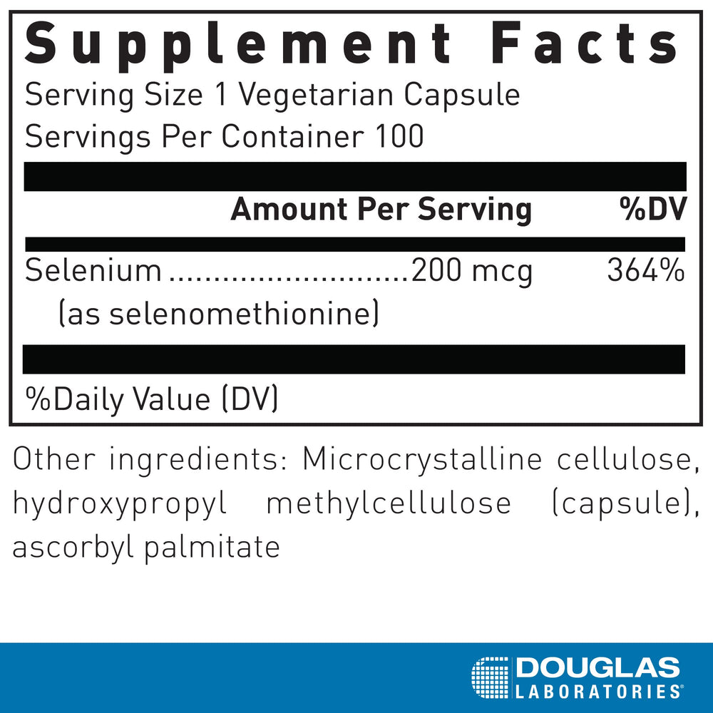 Close-up of Douglas Laboratories Seleno-Methionine capsules showing bioavailable selenium.