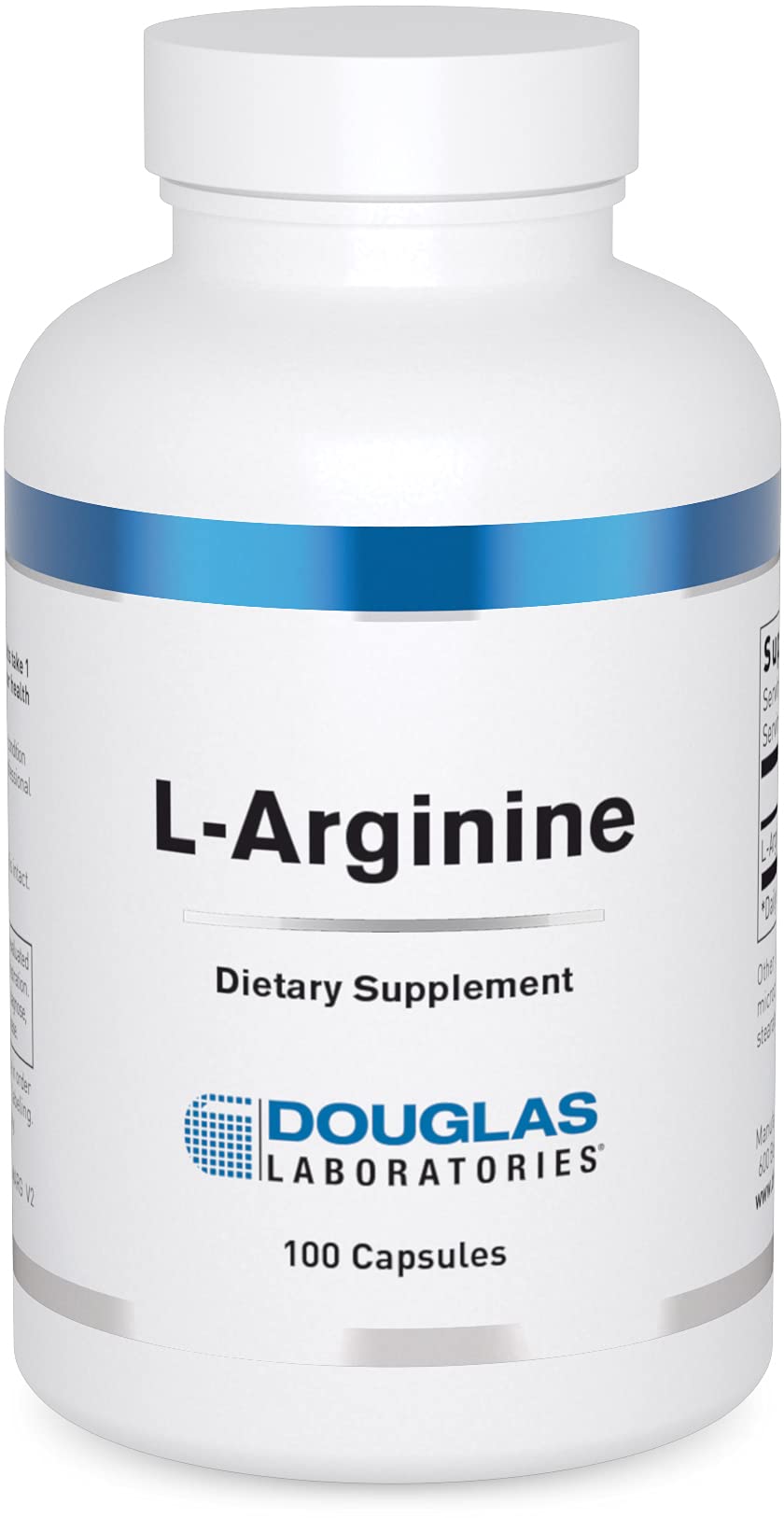 Douglas Laboratories L-Arginine 700 mg capsules bottle on desk, supports muscle structure.