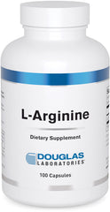 Douglas Laboratories L-Arginine 700 mg capsules bottle on desk, supports muscle structure.