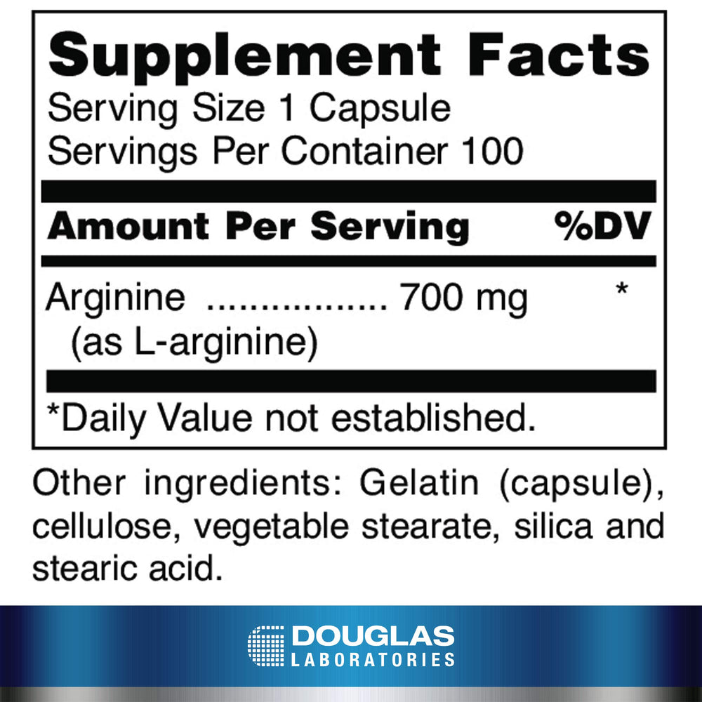 Douglas Laboratories L-Arginine capsules closeup, emphasizing reliable daily use.