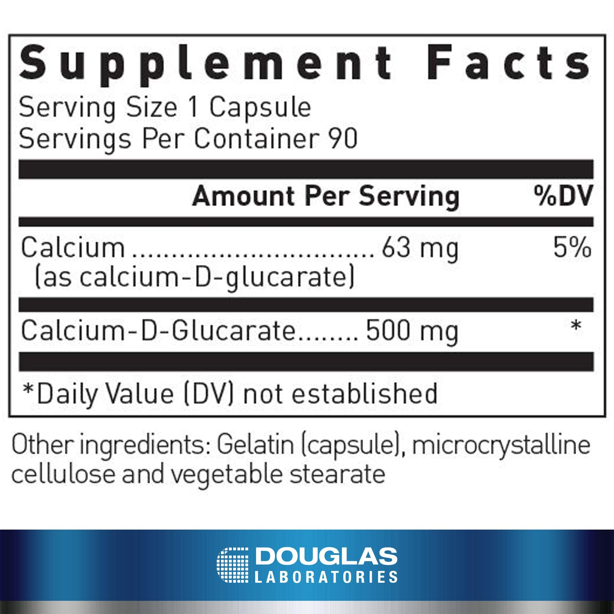 Close-up of label on Douglas Laboratories Calcium D-Glucarate bottle showing dosage and focus